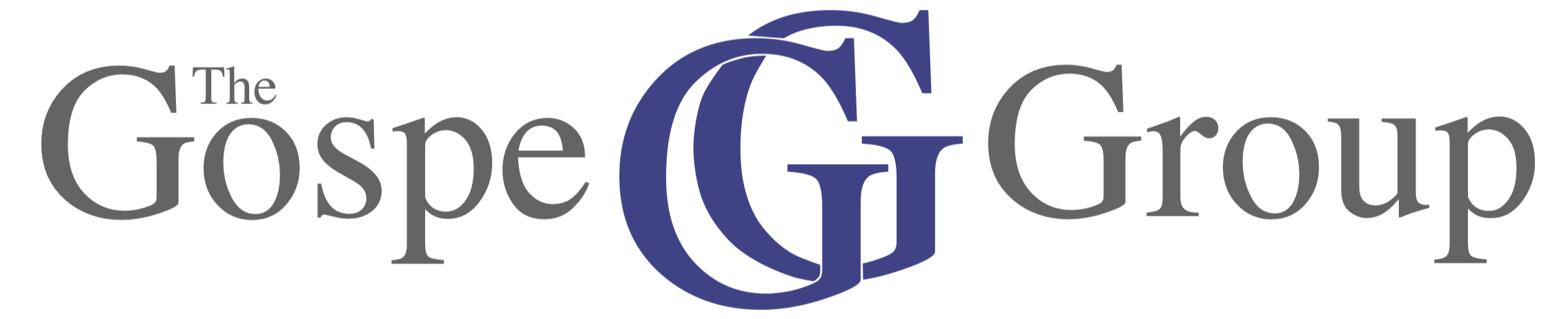 Gospe Group Logo A logo reads "the Gospe Group". The text of the logo is shown in grey. The word "the" is nested in between the "G" and the "O" of "Gospe". Breaking up the words "Gospe" and "Group" are two interlocking letter "G"s shown in purple.